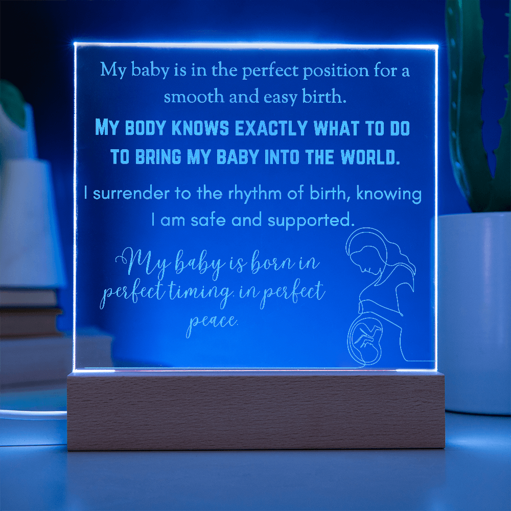 LED Base Engraved Acrylic Square Plaque with Affirmations for a Birth Space | USB or batteries