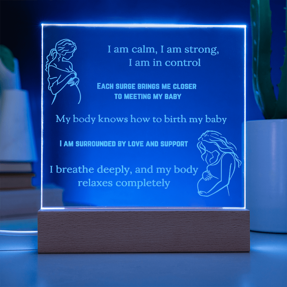 LED Base Engraved Acrylic Square Plaque with Affirmations for a Birth Space | USB or batteries