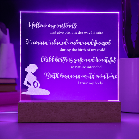 LED Base Engraved Acrylic Square Plaque with Affirmations for a Birth Space