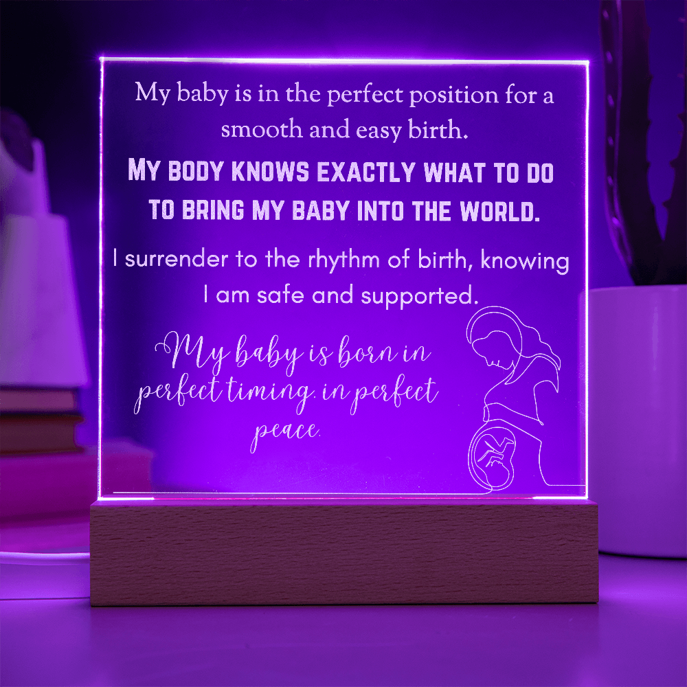 LED Base Engraved Acrylic Square Plaque with Affirmations for a Birth Space | USB or batteries