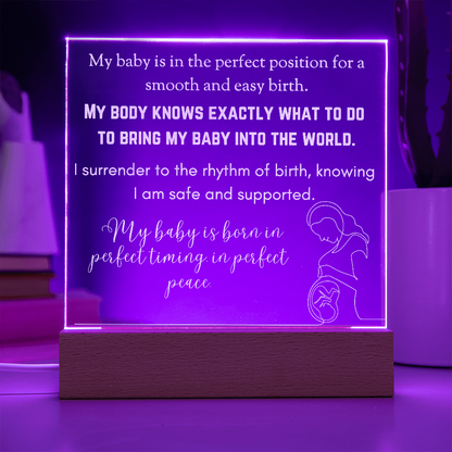 LED Base Engraved Acrylic Square Plaque with Affirmations for a Birth Space | USB or batteries