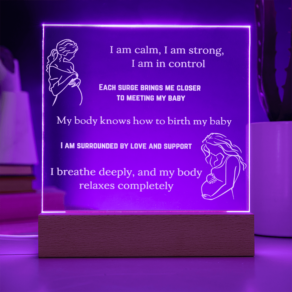 LED Base Engraved Acrylic Square Plaque with Affirmations for a Birth Space | USB or batteries