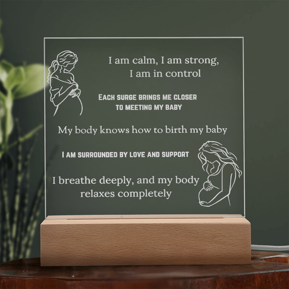 LED Base Engraved Acrylic Square Plaque with Affirmations for a Birth Space | USB or batteries