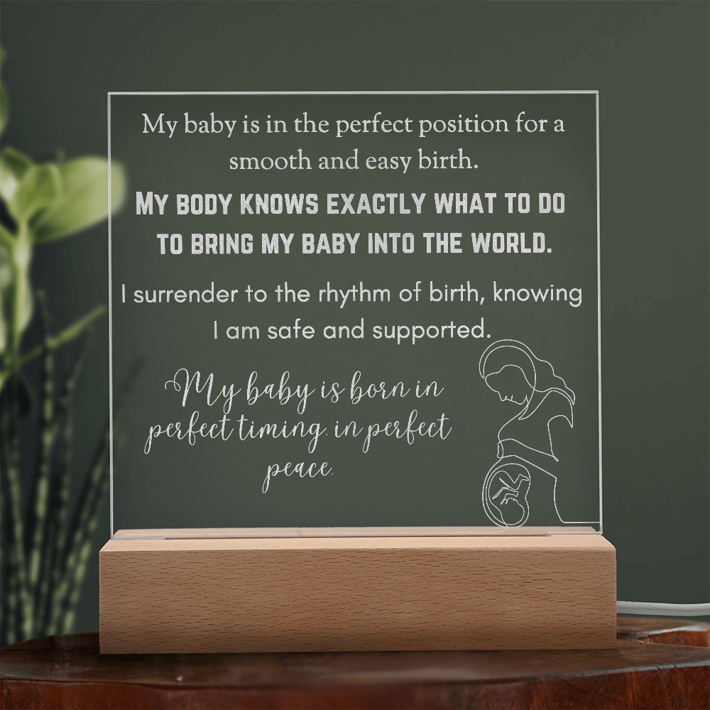 LED Base Engraved Acrylic Square Plaque with Affirmations for a Birth Space | USB or batteries