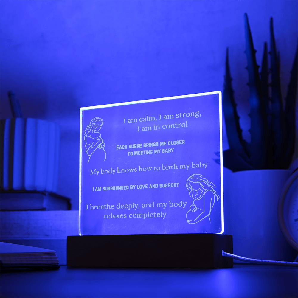 LED Base Engraved Acrylic Square Plaque with Affirmations for a Birth Space | USB or batteries