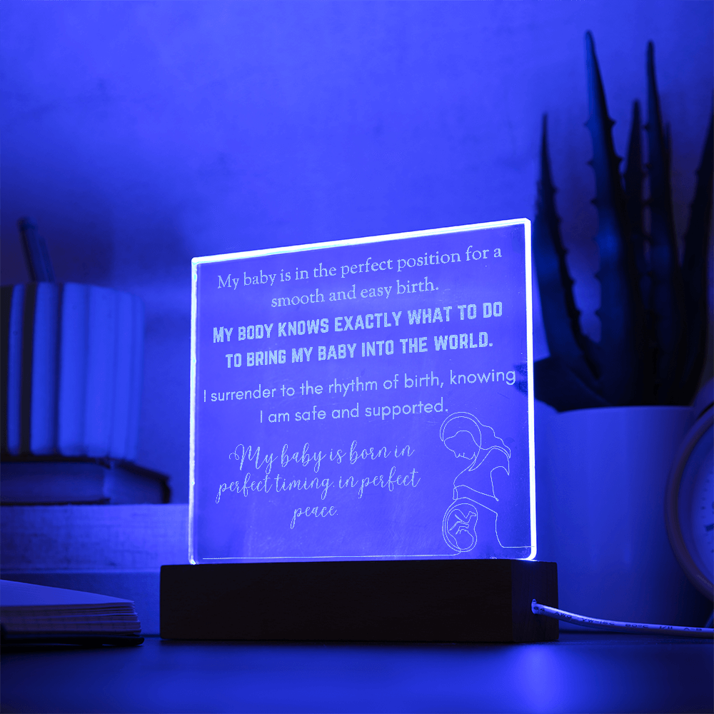 LED Base Engraved Acrylic Square Plaque with Affirmations for a Birth Space | USB or batteries