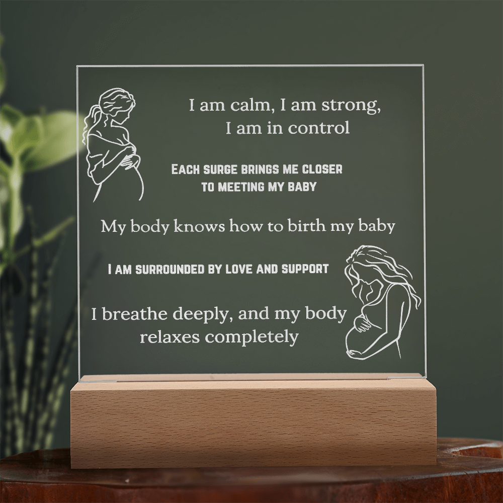 LED Base Engraved Acrylic Square Plaque with Affirmations for a Birth Space | USB or batteries