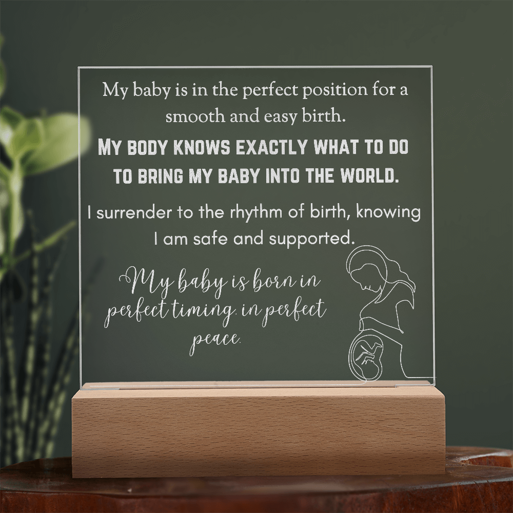 LED Base Engraved Acrylic Square Plaque with Affirmations for a Birth Space | USB or batteries