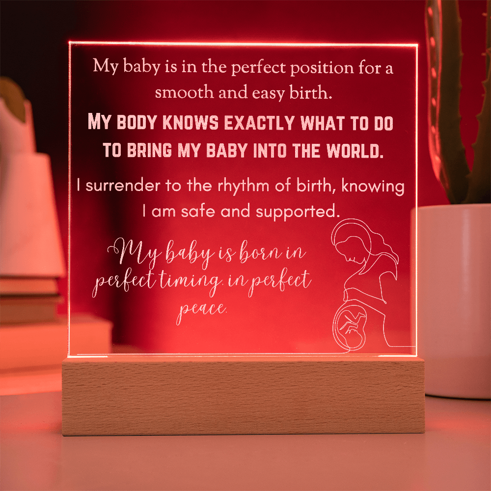 LED Base Engraved Acrylic Square Plaque with Affirmations for a Birth Space | USB or batteries