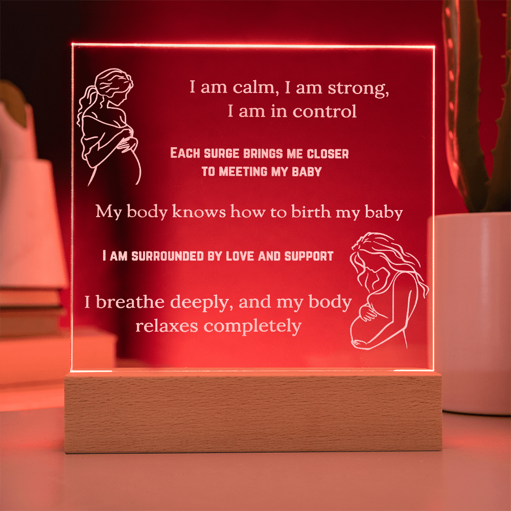 LED Base Engraved Acrylic Square Plaque with Affirmations for a Birth Space | USB or batteries