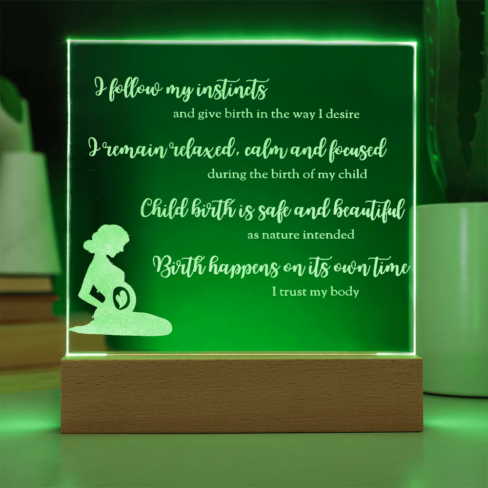 LED Base Engraved Acrylic Square Plaque with Affirmations for a Birth Space