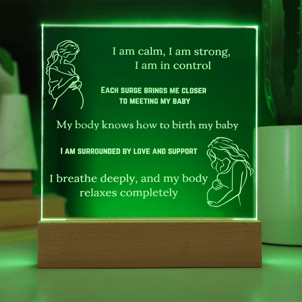 LED Base Engraved Acrylic Square Plaque with Affirmations for a Birth Space | USB or batteries