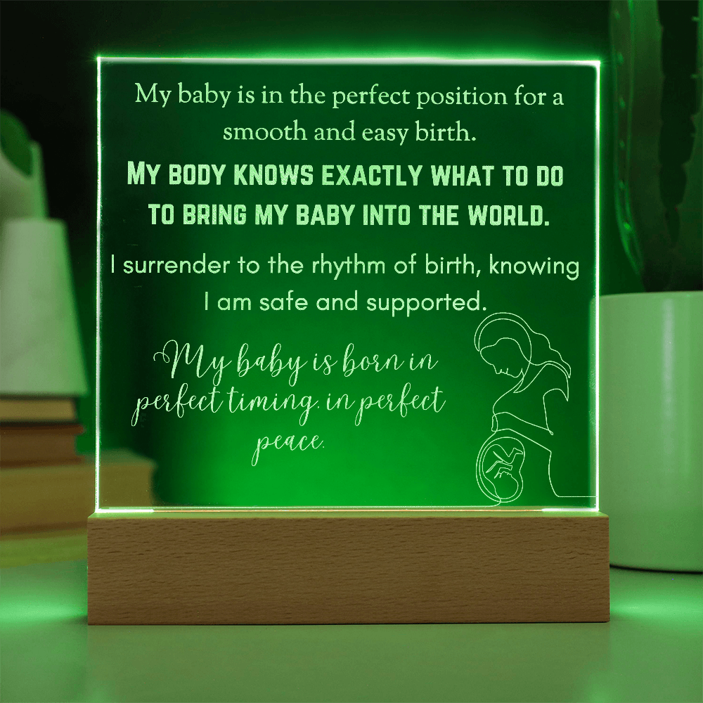 LED Base Engraved Acrylic Square Plaque with Affirmations for a Birth Space | USB or batteries