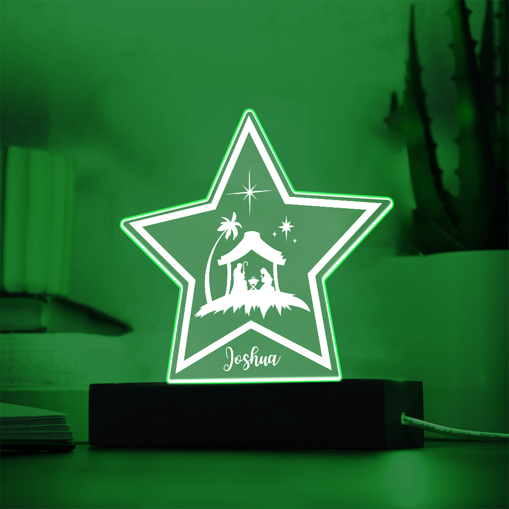 LED star lamp personalized with a name and a nativity scene