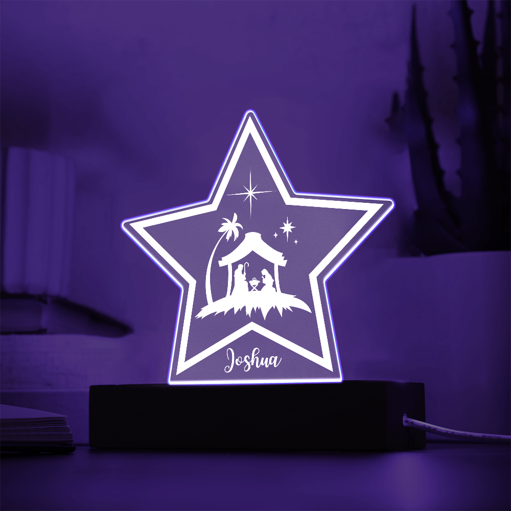 LED star personalized with a name and a nativity scene