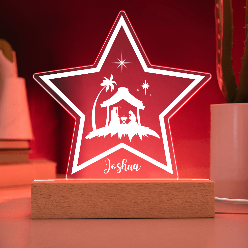 LED star lamp personalized with a name and a nativity scene Christmas gift