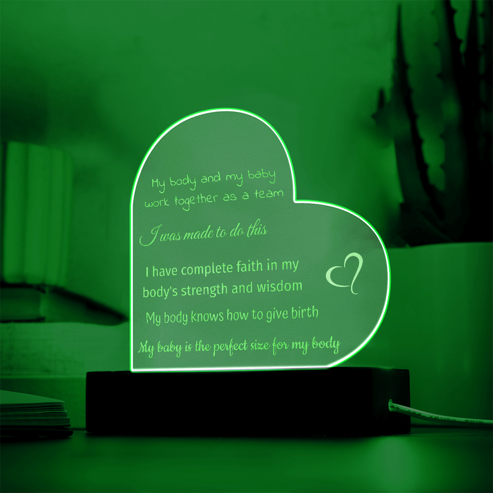 LED Base Engraved Acrylic Heart Plaque with Affirmations for a Birth Space | USB or batteries