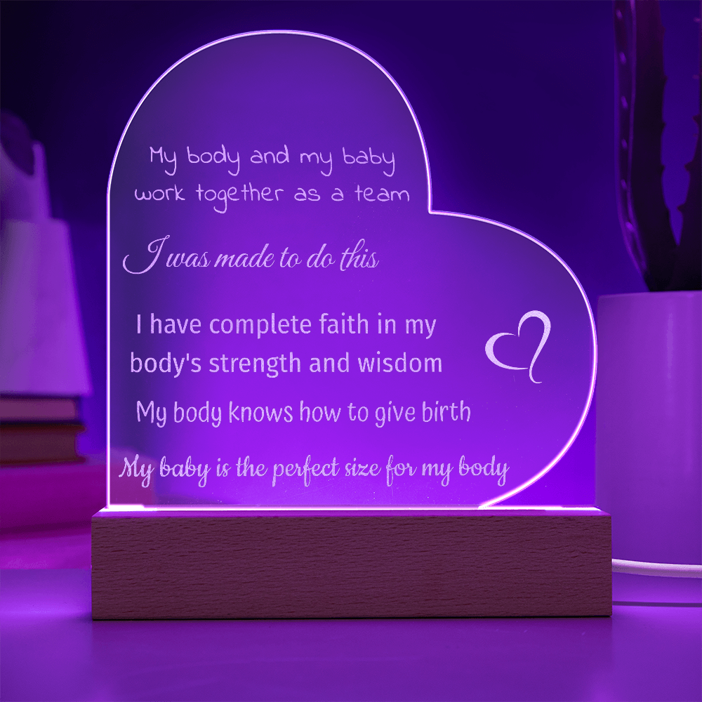 LED Base Engraved Acrylic Heart Plaque with Affirmations for a Birth Space | USB or batteries