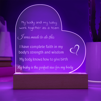 LED Base Engraved Acrylic Heart Plaque with Affirmations for a Birth Space | USB or batteries