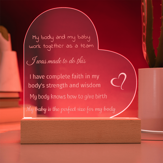 LED Base Engraved Acrylic Heart Plaque with Affirmations for a Birth Space | USB or batteries