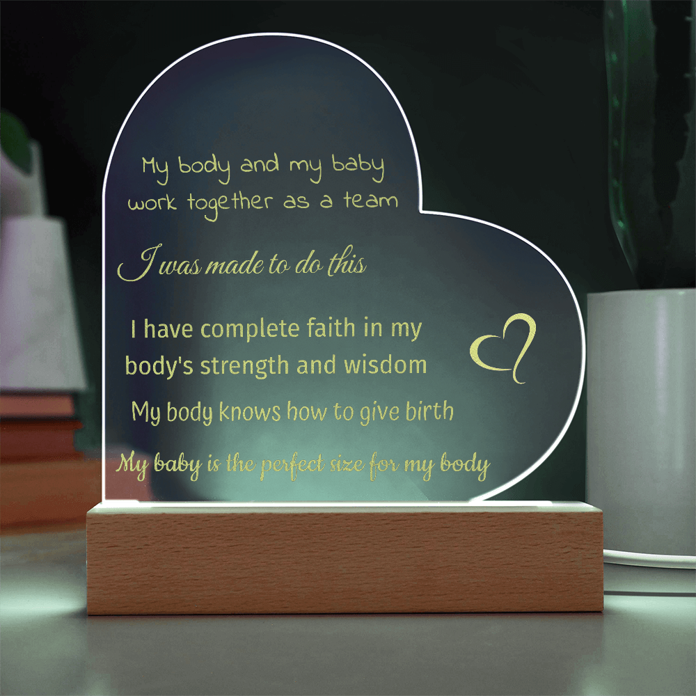 LED Base Engraved Acrylic Heart Plaque with Affirmations for a Birth Space | USB or batteries