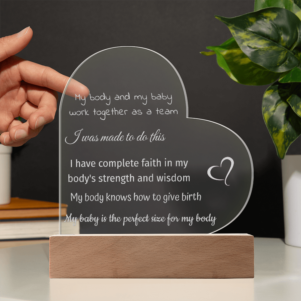 LED Base Engraved Acrylic Heart Plaque with Affirmations for a Birth Space | USB or batteries