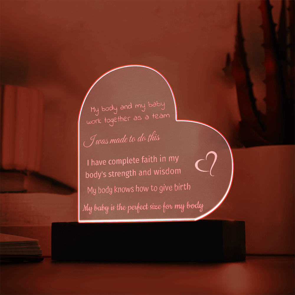 LED Base Engraved Acrylic Heart Plaque with Affirmations for a Birth Space | USB or batteries