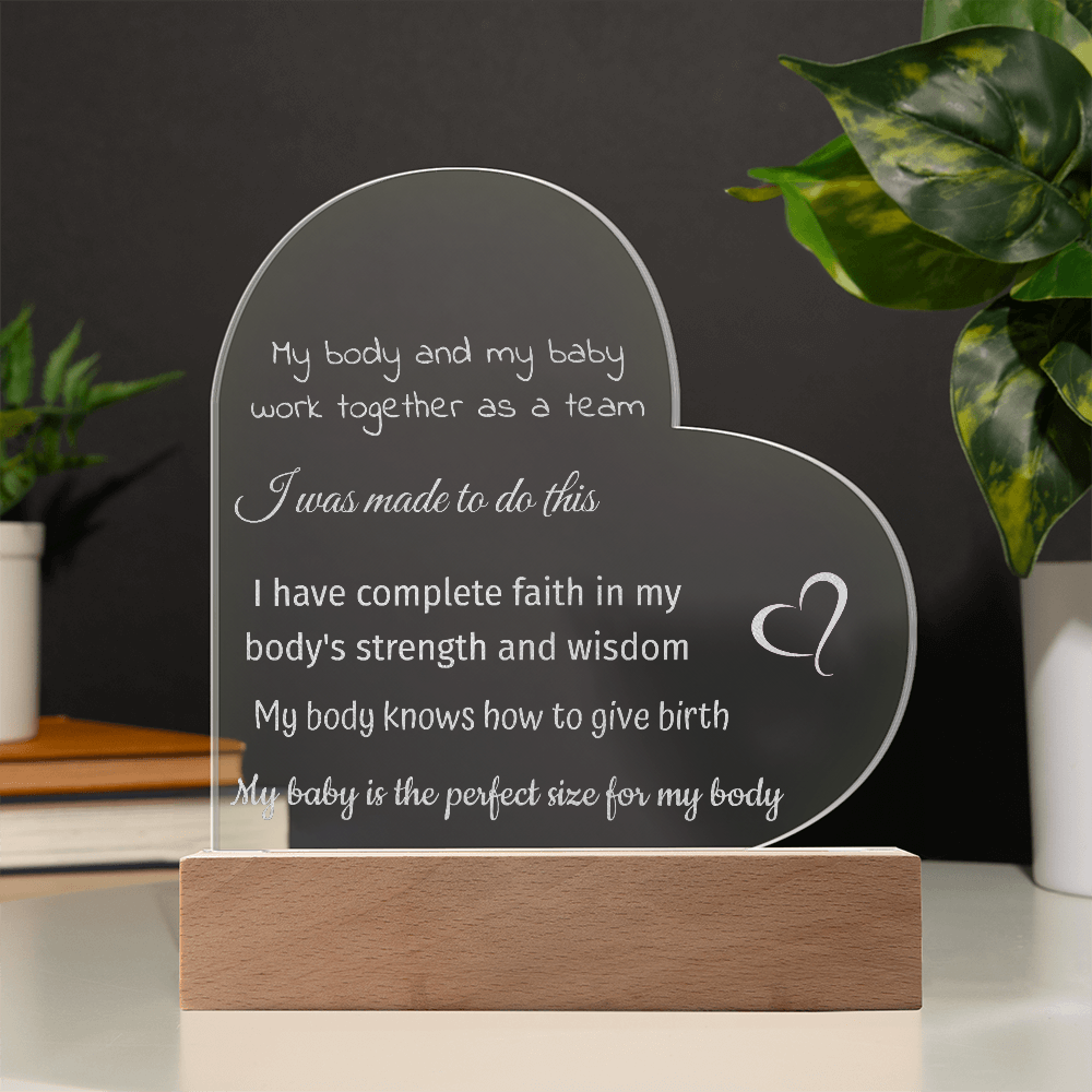 LED Base Engraved Acrylic Heart Plaque with Affirmations for a Birth Space | USB or batteries