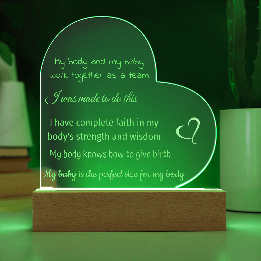 LED Base Engraved Acrylic Heart Plaque with Affirmations for a Birth Space | USB or batteries