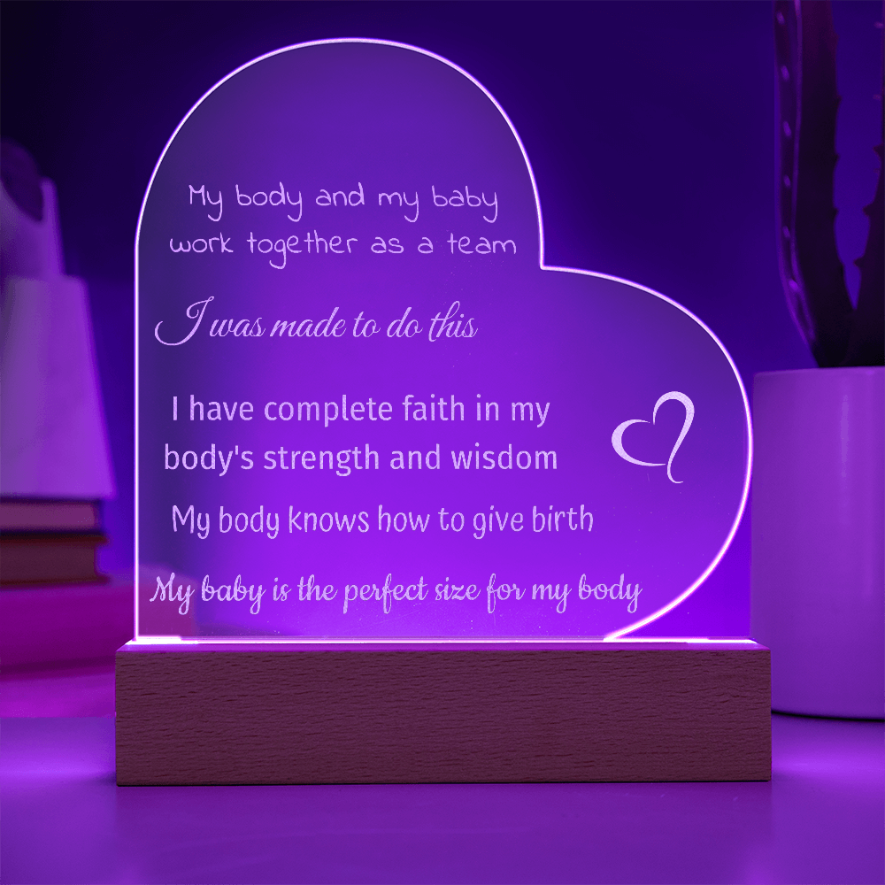 LED Base Engraved Acrylic Heart Plaque with Affirmations for a Birth Space | USB or batteries