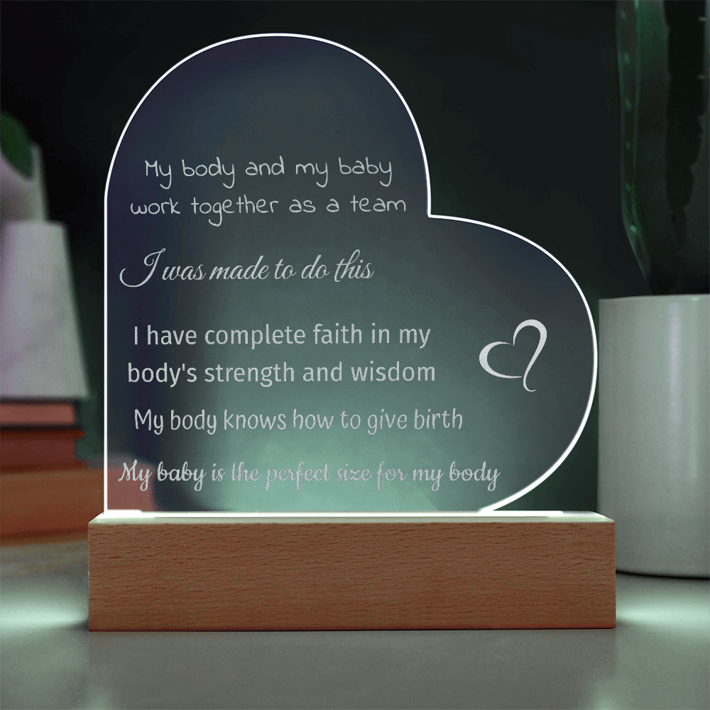 LED Base Engraved Acrylic Heart Plaque with Affirmations for a Birth Space | USB or batteries