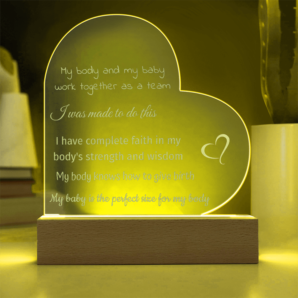 LED Base Engraved Acrylic Heart Plaque with Affirmations for a Birth Space | USB or batteries