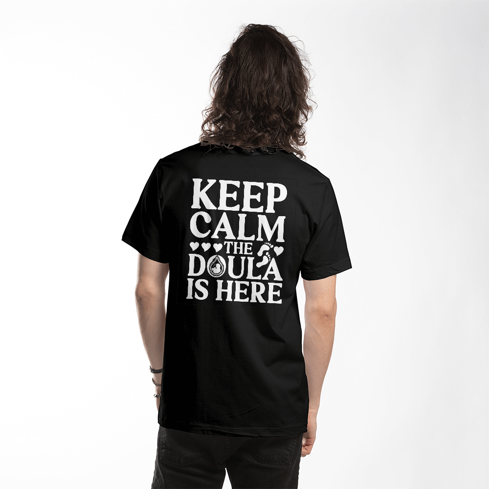 Keep calm the doula is here back print black t-shirt
