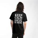 Keep calm the doula is here back print black t-shirt