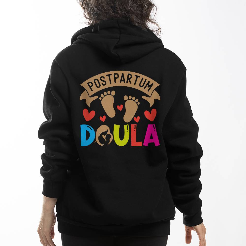 postpartum doula hoodie back print, black color