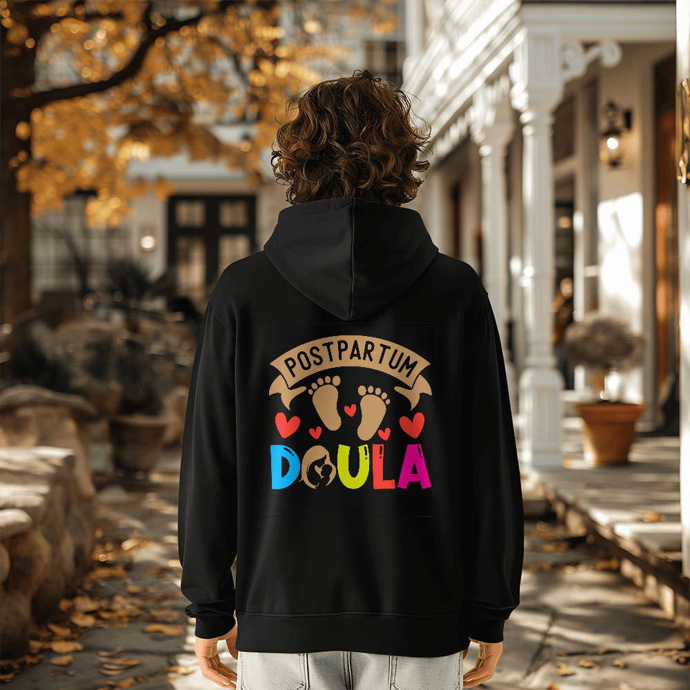 postpartum doula pullover hoodie black