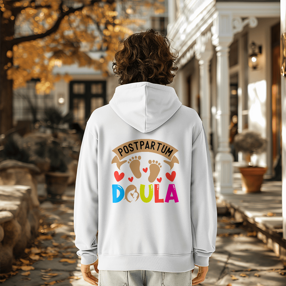 postpartum doula pullover hoodie white, back print