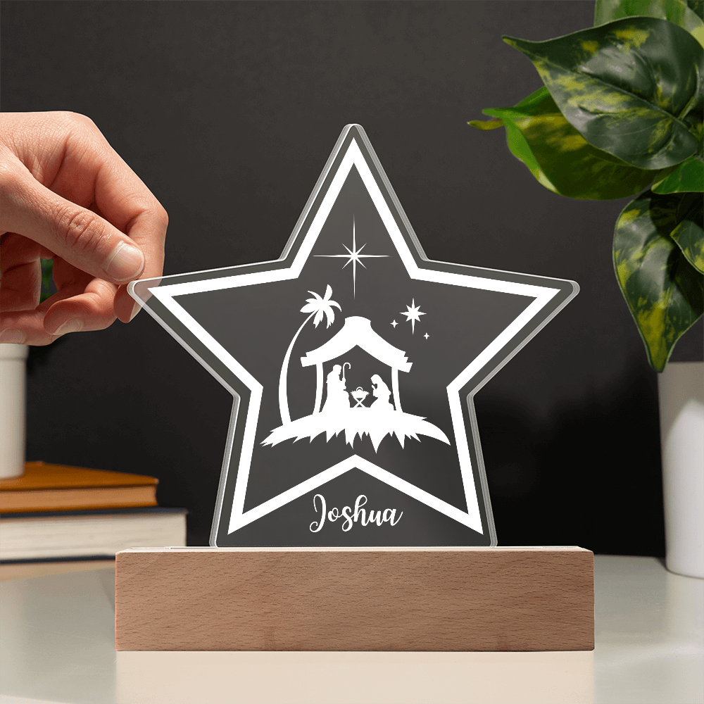 LED star personalized with a name and a nativity scene