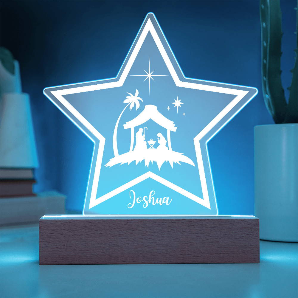 LED star personalized with a name and a nativity scene