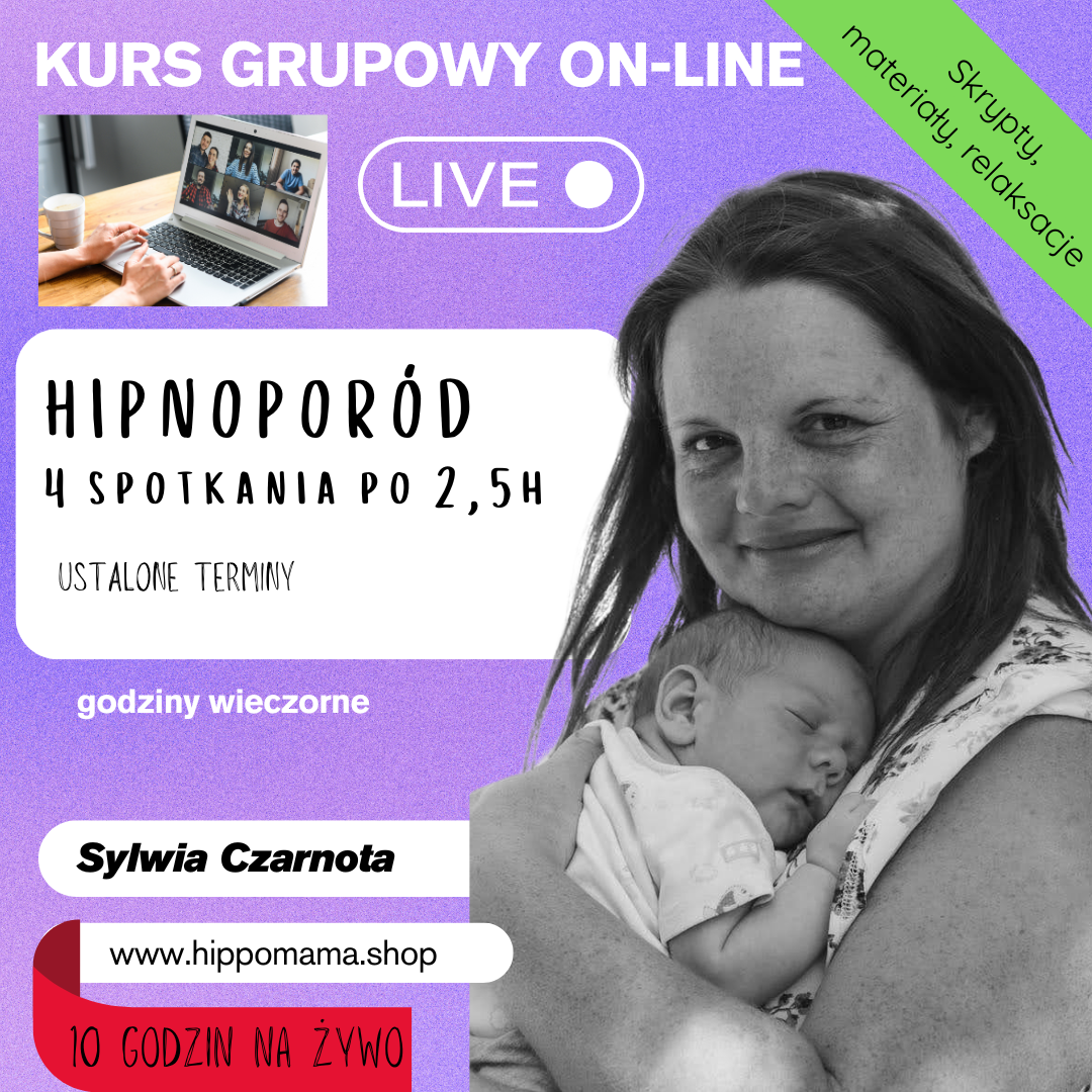 Advertisement for an online hypnobirth course with a woman holding a baby, set against a purple background.

Grupowy kurs hipnoporodu on-line po polsku na żywo